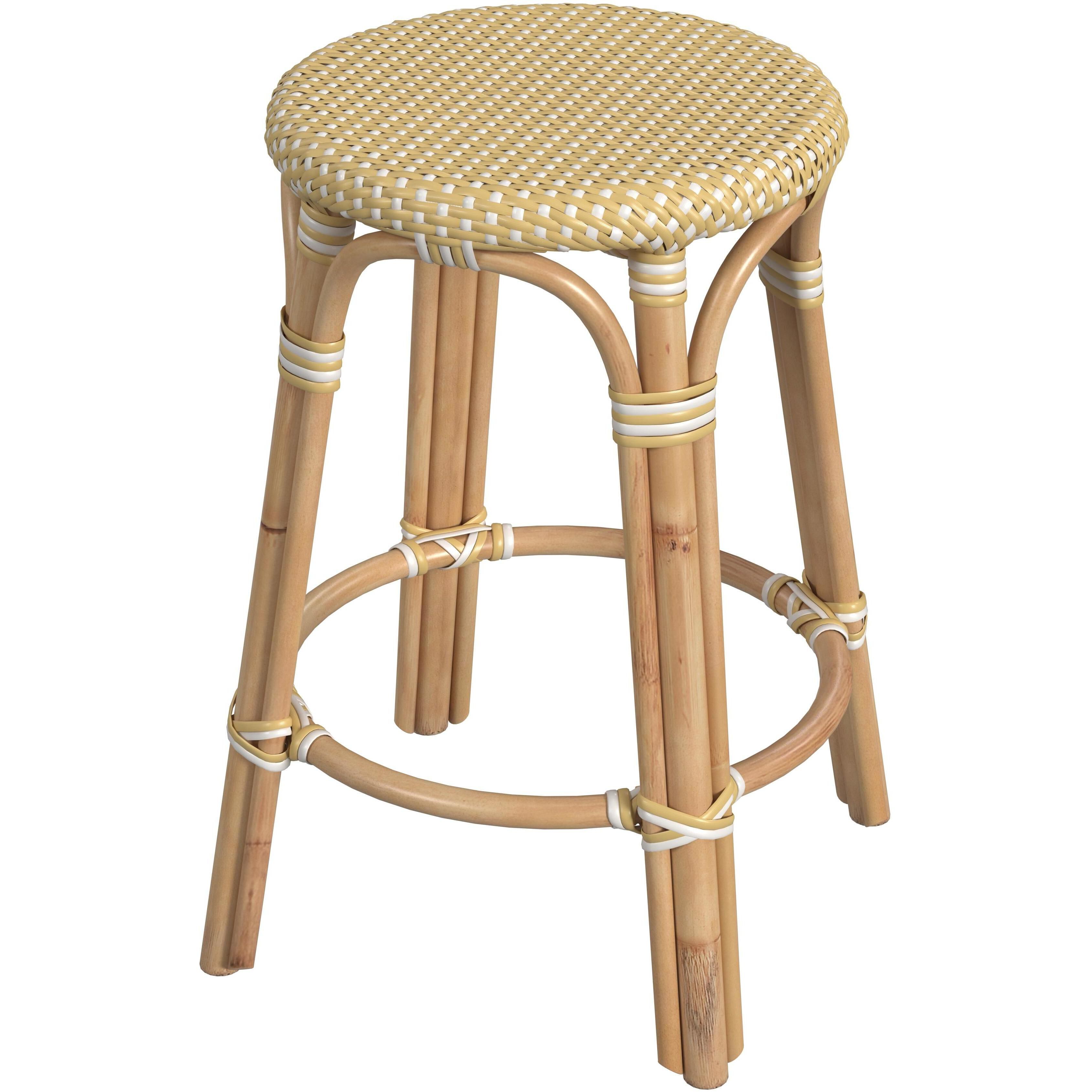 Tobias Rattan Round 24" Counter Stool in Yellow and White Dot