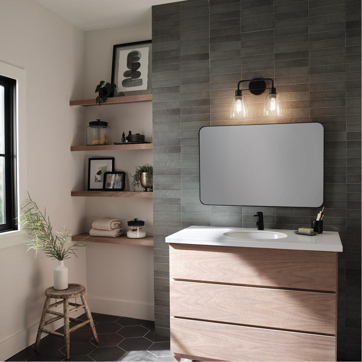 Meller 2 Light 15 inch Black Wall Mount Bath Light Wall Light, 2 Arm