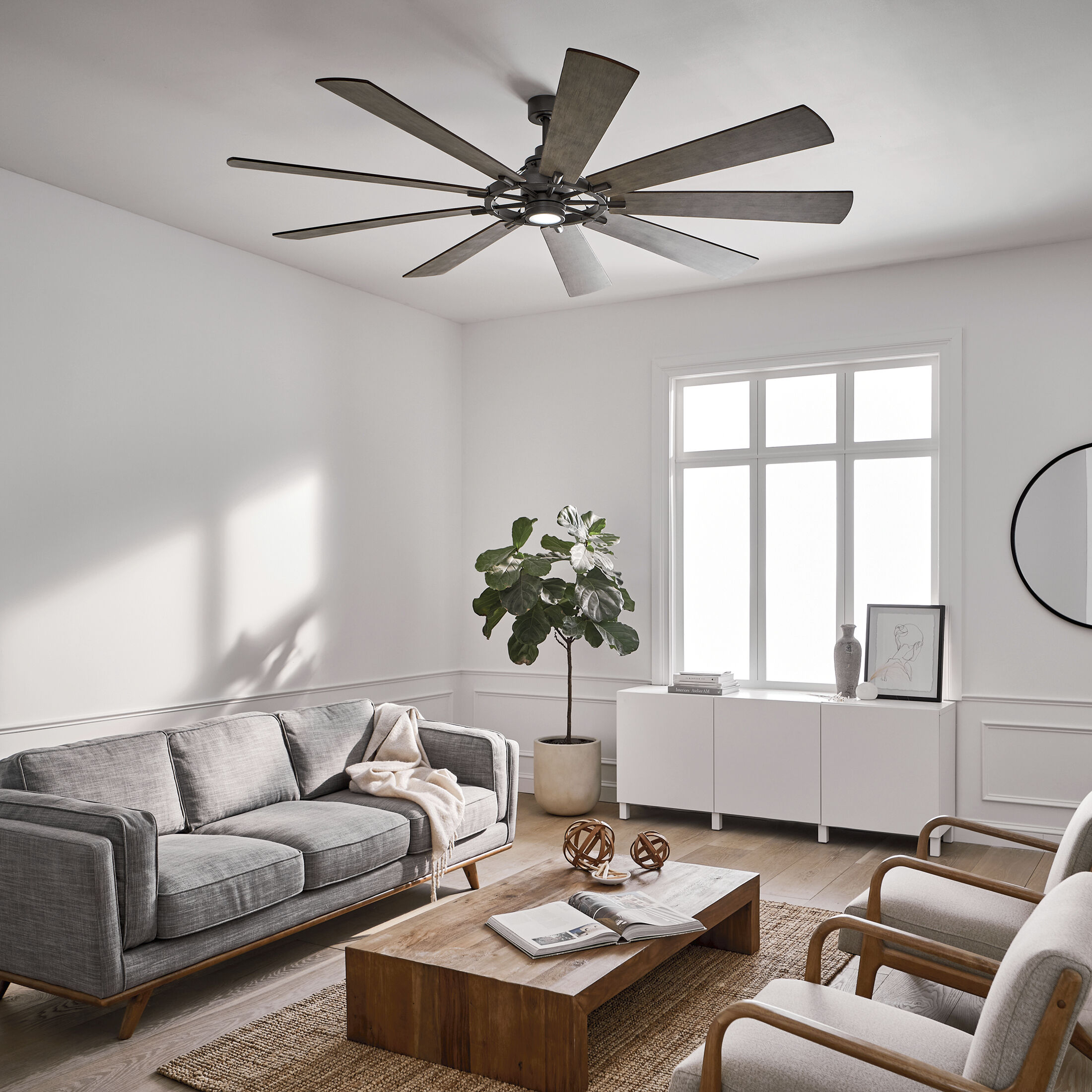 Gentry Xl 85 inch Anvil Iron with Dist Antiq Gray Blades Ceiling Fan in Etched Cased Opal