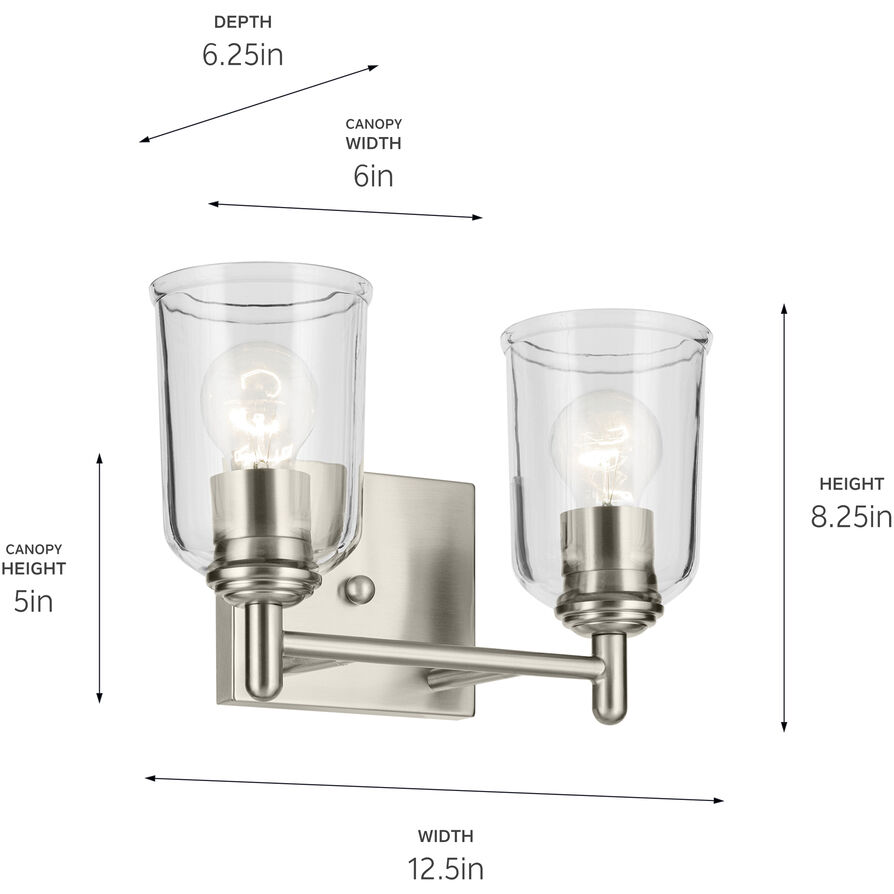 Shailene 2 Light 12.5 inch Brushed Nickel Bath Light Wall Light