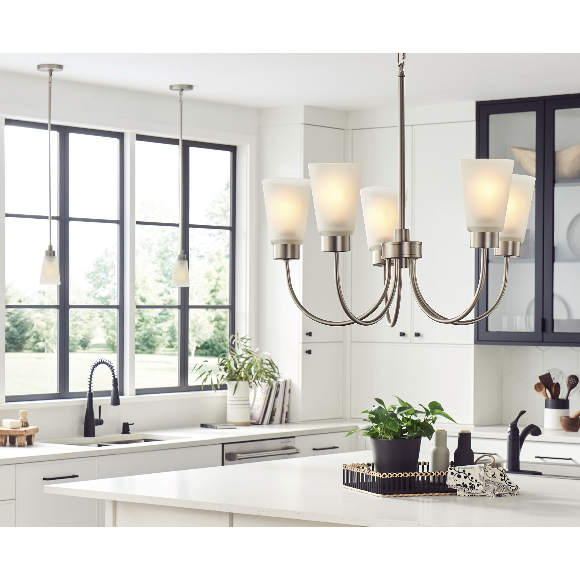 Erma 5 Light Brushed Nickel Chandelier Ceiling Light, Medium, 1 Tier