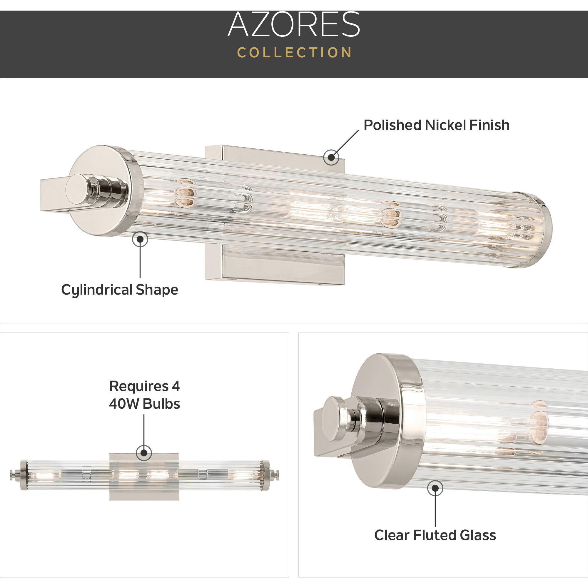 Azores 4 Light 25 inch Polished Nickel Linear Bath Wall Light, Medium