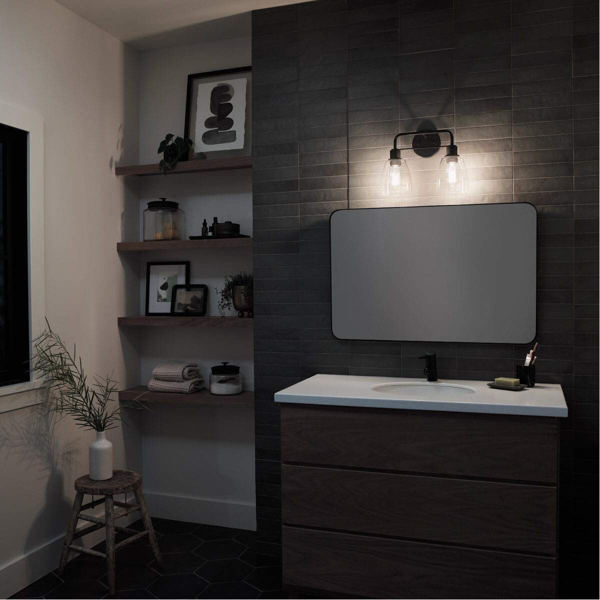 Meller 2 Light 15 inch Black Wall Mount Bath Light Wall Light, 2 Arm