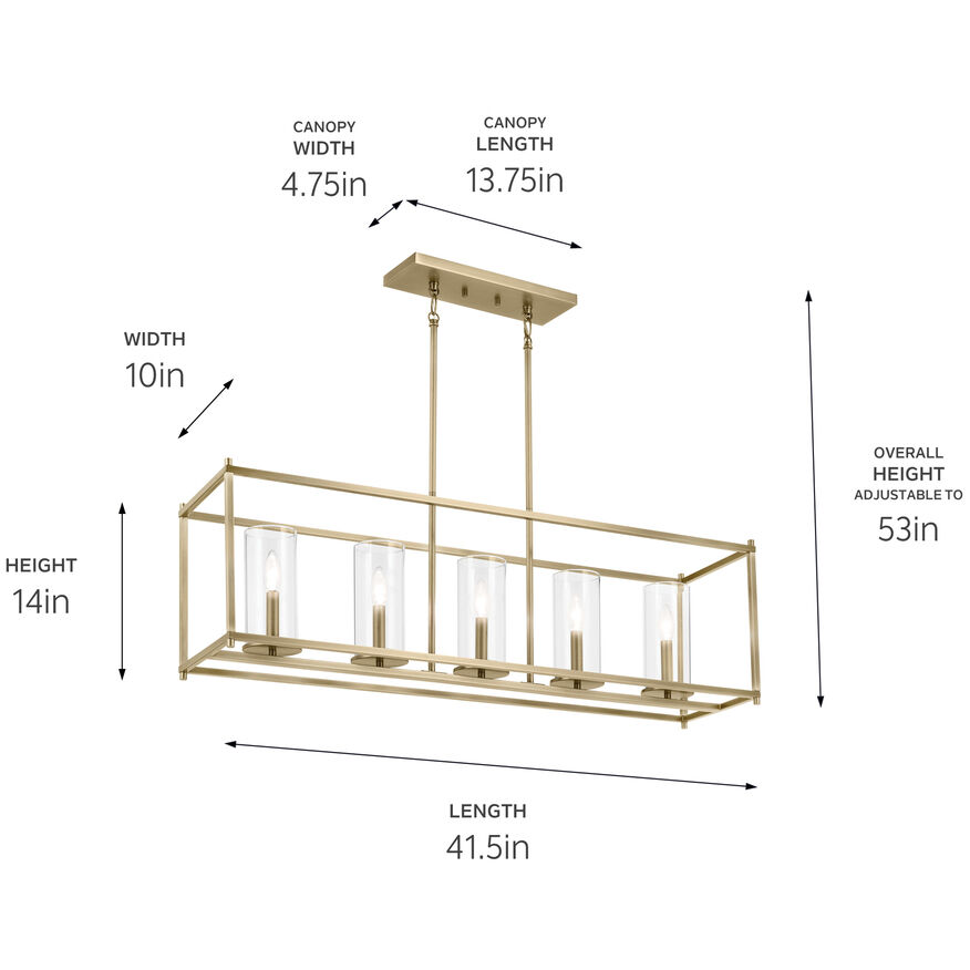 Crosby 5 Light 10 inch Natural Brass Chandelier Linear Ceiling Light