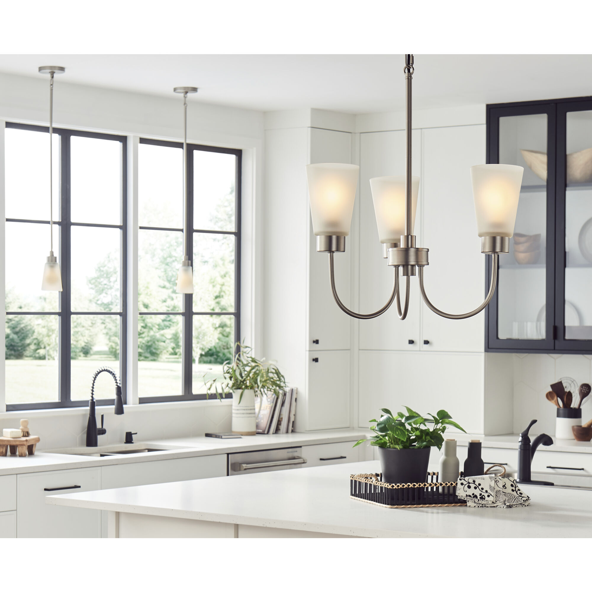 Erma 3 Light Brushed Nickel Chandelier Ceiling Light, Small, 1 Tier