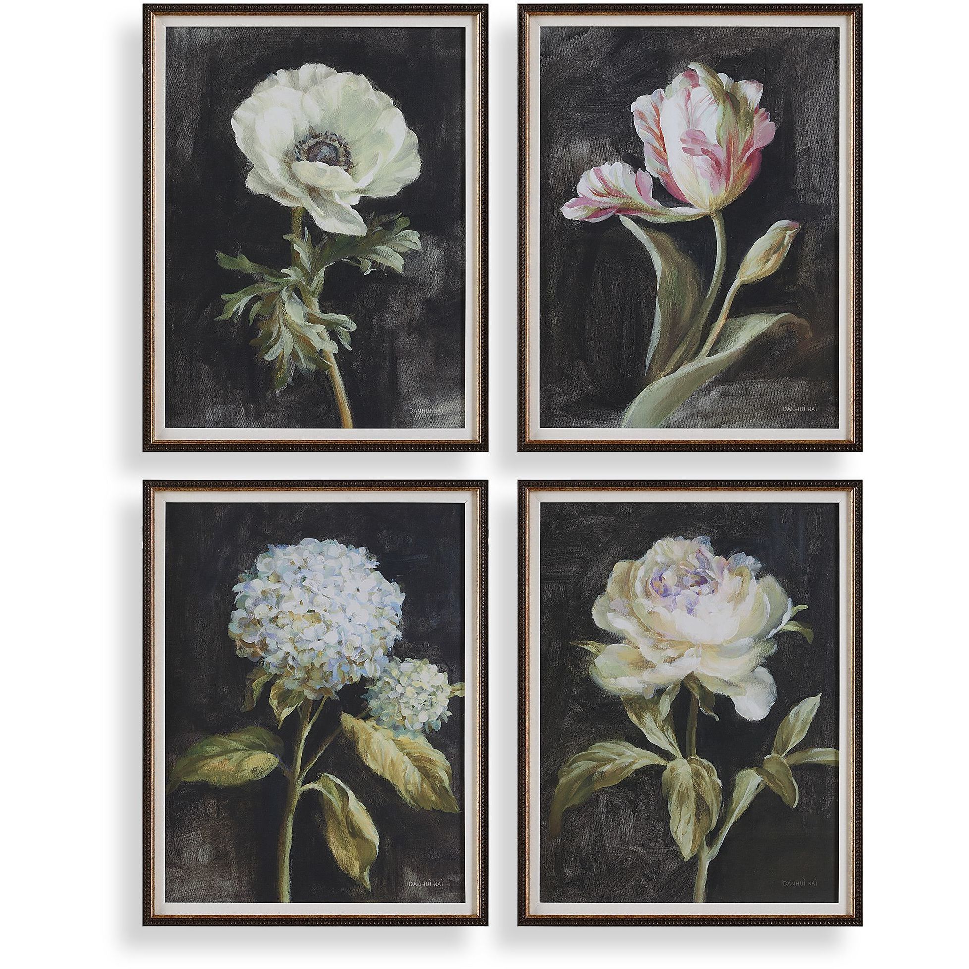 Florals On Black 26 X 20 inch Framed Prints, Set of 4