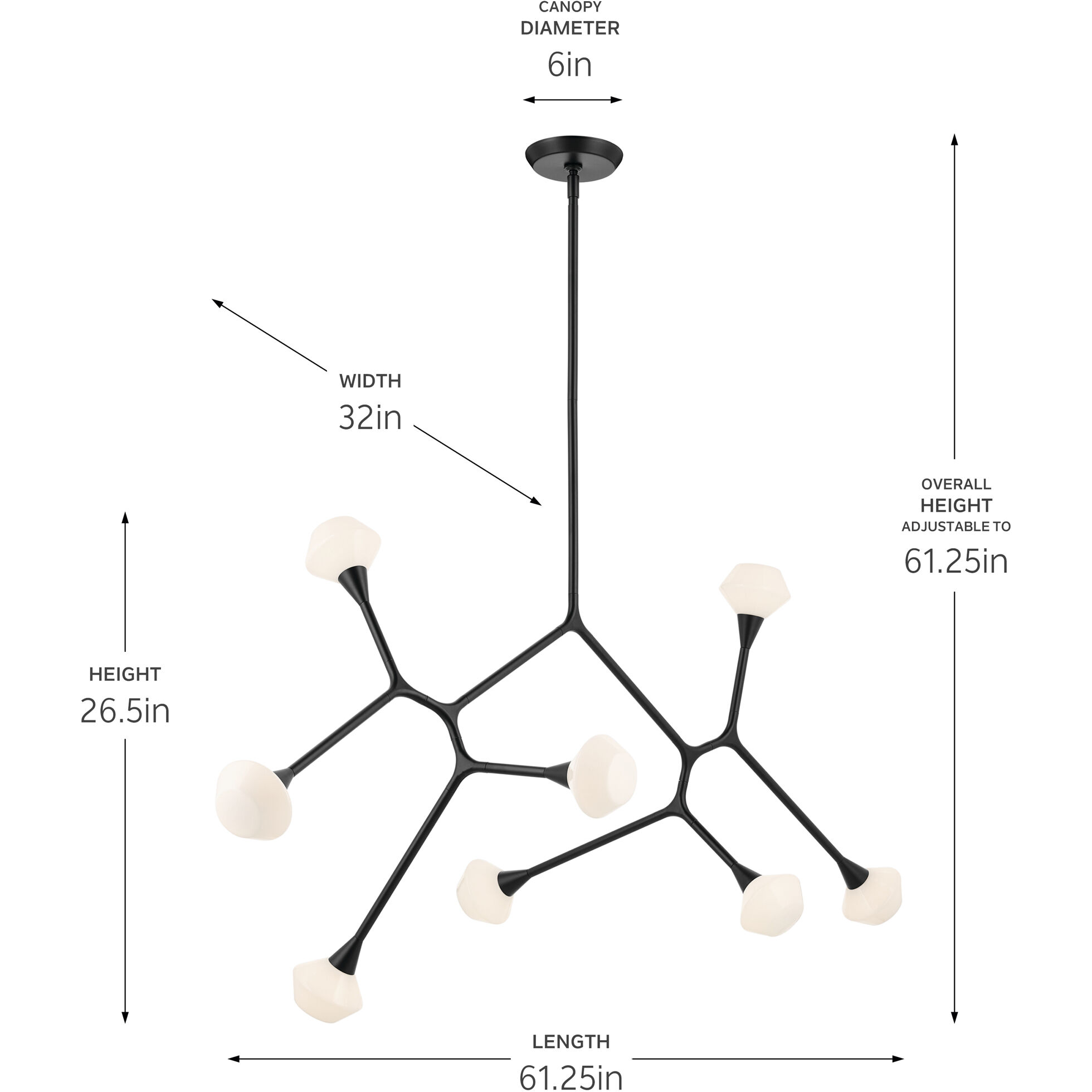 Cassius 8 Light 32 inch Black Chandelier Ceiling Light, Convertible