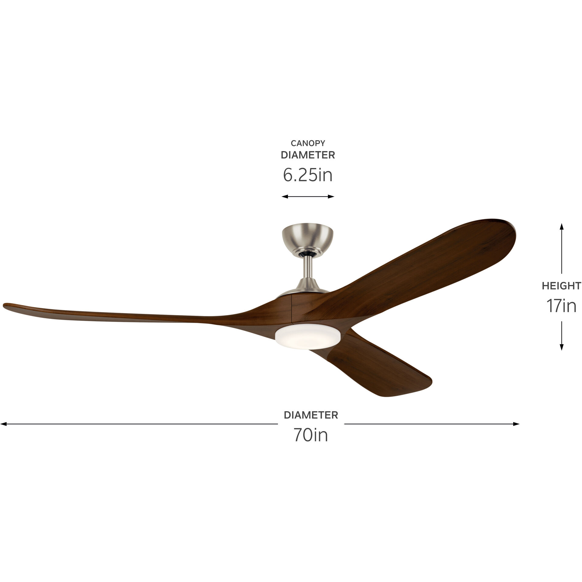 Mylo 70 inch Painted Brushed Nickel with Natural Walnut Blades Ceiling Fan