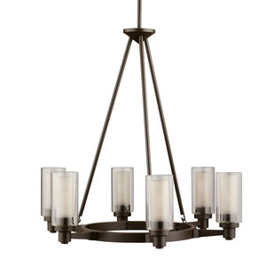 Circolo 6 Light 26 inch Olde Bronze Chandelier 1 Tier Medium Ceiling Light in Clear Outer Cylinder With Umber Etched Inner, 1 Tier Medium