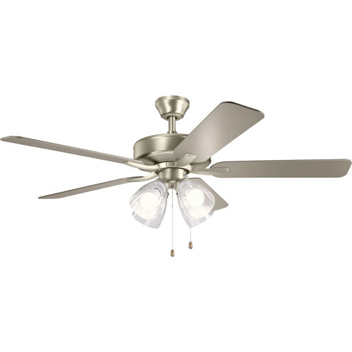Basics Pro Premier 52 inch Brushed Nickel with Walnut Blades Ceiling Fan in 3000K, Clear Seeded