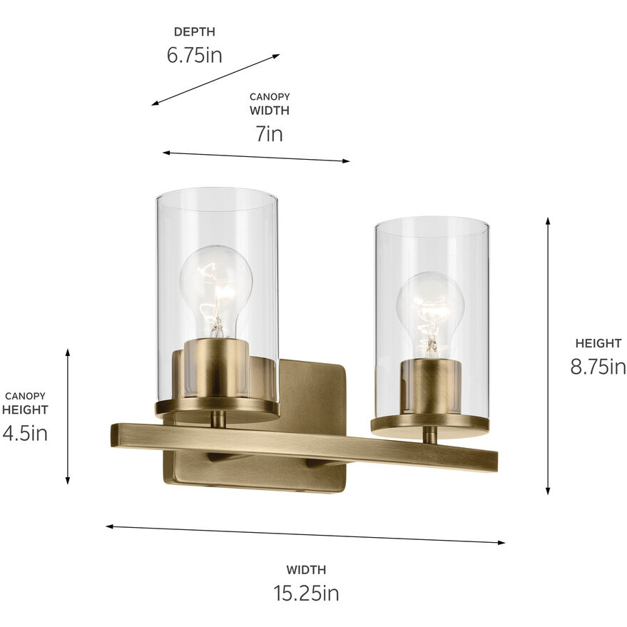 Crosby 2 Light 15.25 inch Natural Brass Bath Light Wall Light