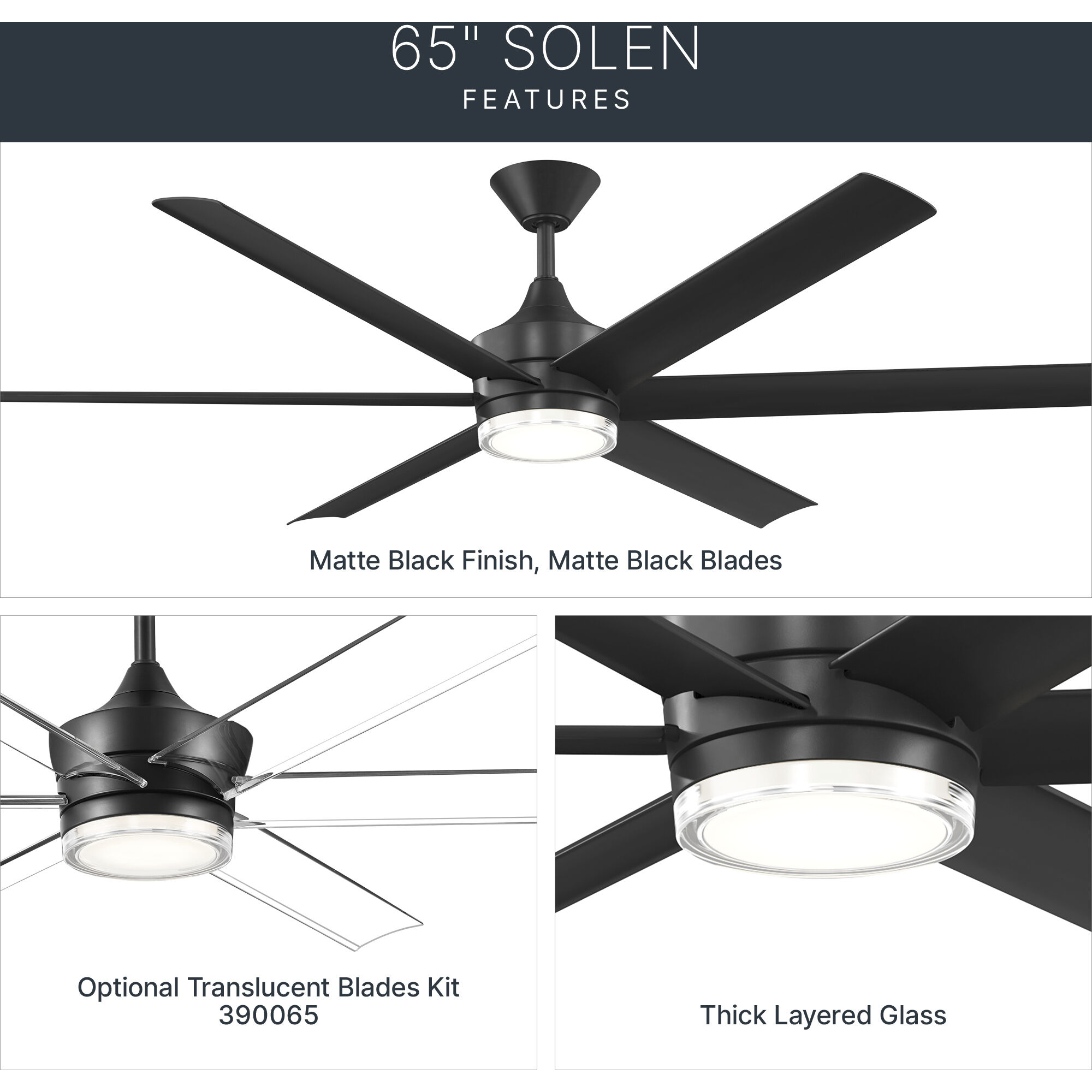 Solen 65 inch Matte Black Ceiling Fan