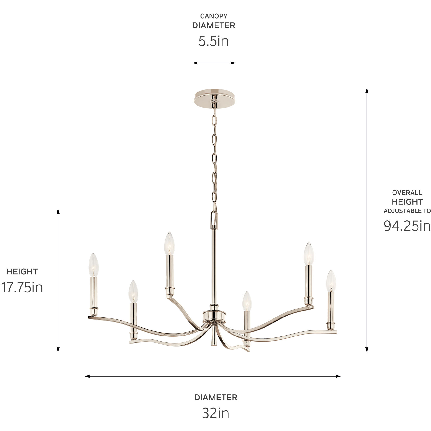 Malene 6 Light Polished Nickel Chandelier Ceiling Light, 1 Tier Small