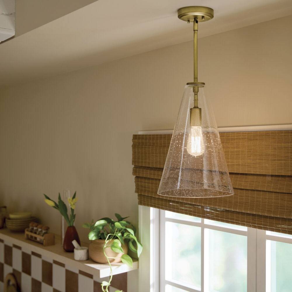 Everly 1 Light Natural Brass Pendant Ceiling Light in Clear Seeded